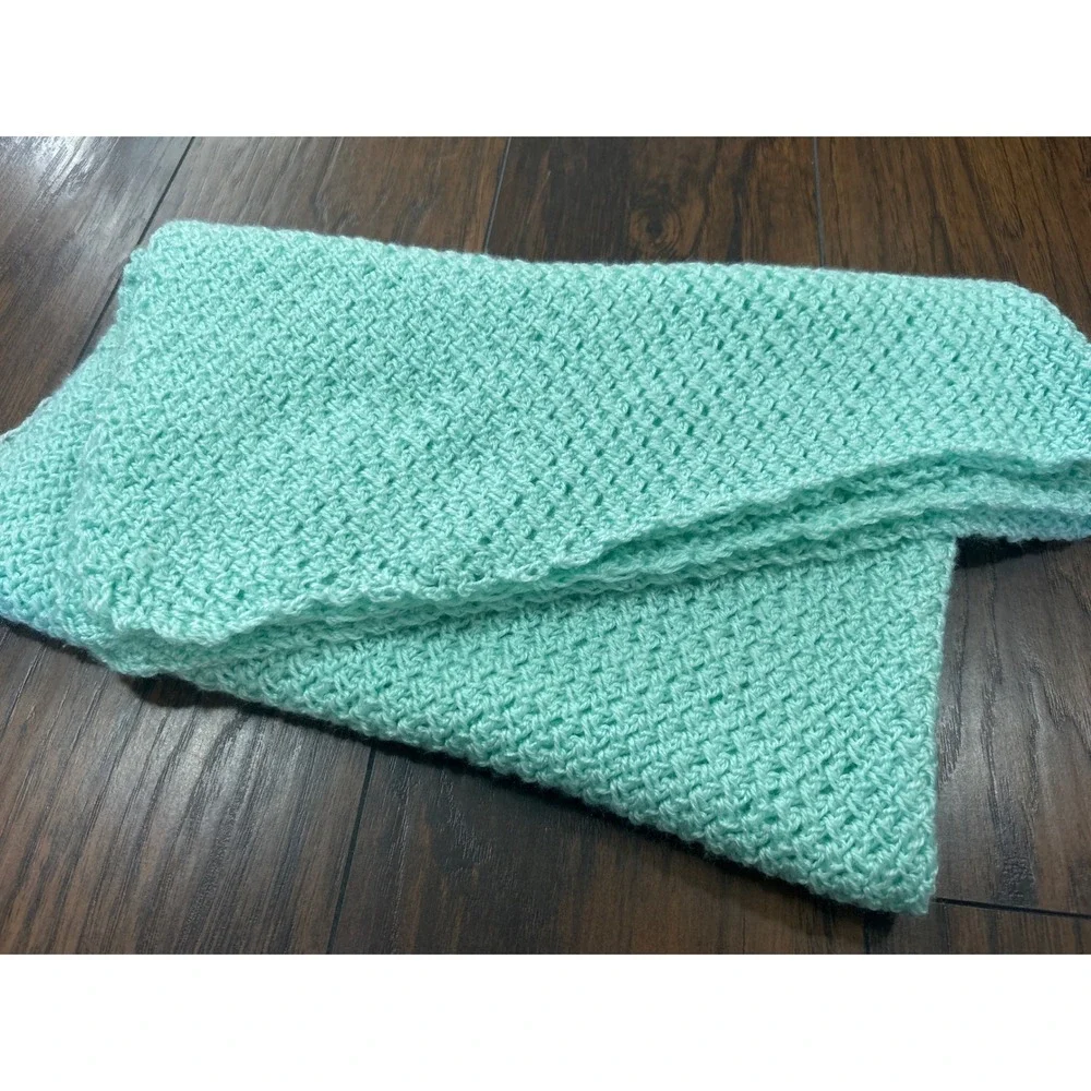 Handmade Square Knit Baby Blanket Mint Green Soft Knit Crochet 34